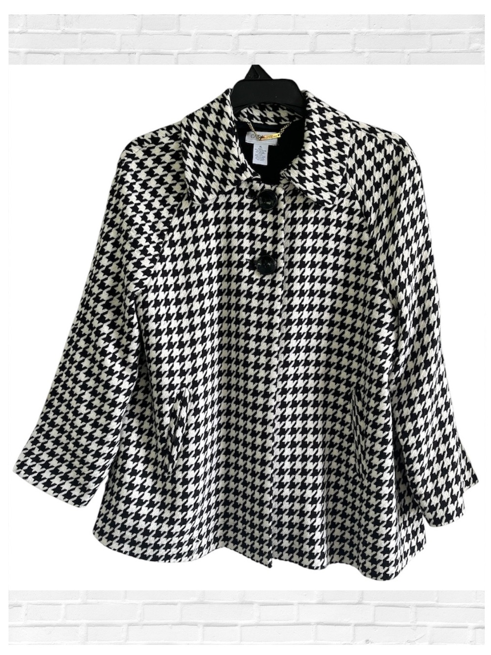 Carmen Marc Valvo XL Houndstooth Woven Swing Coat Black White Career Old Money